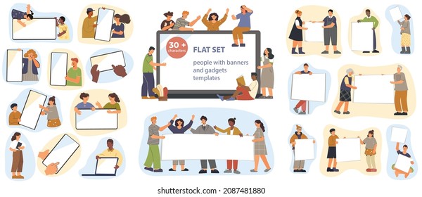 People banner composition flat set with isolated human characters single and groups holding empty rectangular placards vector illustration
