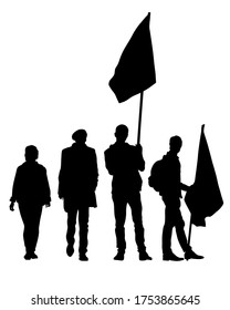 People of with banner and flags. Isolated silhouettes of people on a white background