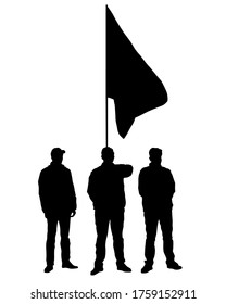 People of with banner and flags. Isolated silhouettes of people on a white background
