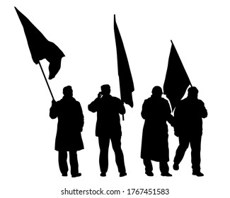 People of with banner and flags. Isolated silhouettes of people on a white background