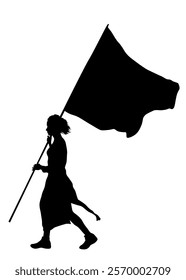 People of with banner and flags. Isolated silhouettes of people on a white background