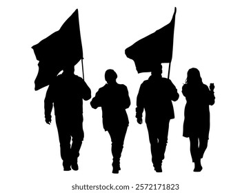 People of with banner and flags. Isolated silhouettes of people on a white background