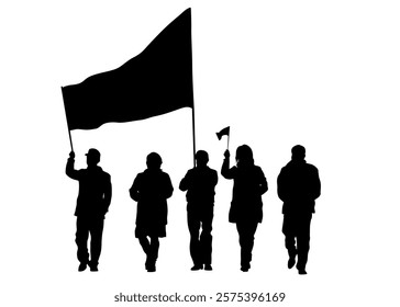People of with banner and flags. Isolated silhouettes of people on a white background