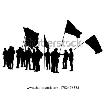 People of with banner and flags. Isolated silhouettes of people on a white background