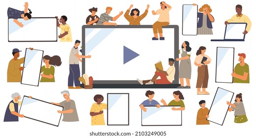 People banner gadget flat set of isolated compositions with various human characters holding blank screen electronics vector illustration