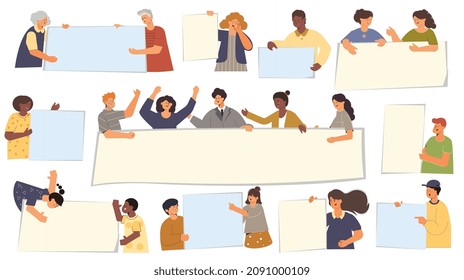 People banner portrait flat set with isolated cartoon human characters holding empty paper sheets and placards vector illustration