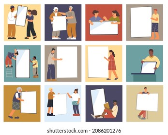 People banner set of flat square compositions with human characters of different age holding empty placards vector illustration