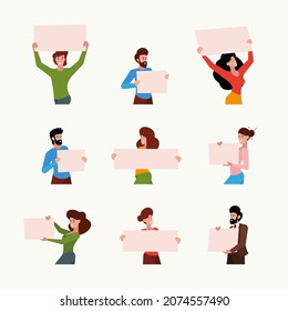 People with banners. Male and female characters holding in hands ads placards for different political signs garish vector flat pictures