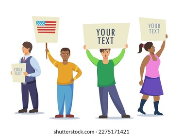 People with banners at protest vector illustration. Peaceful crowd protesting with American flag and blank signs on white background. America, human rights, protest, activism concept