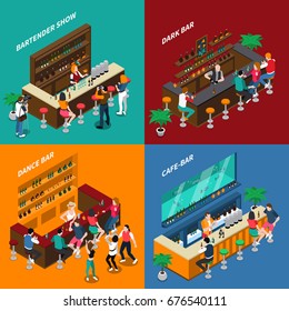 People in bar 2x2 design concept of interiors with racks chairs bartenders and guests isometric vector illustration 