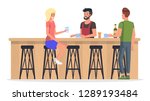 People at Bar. Bartender Serving Coffee and Vine to Customer. Cafe with Modern Wooden Interior Inside. Young Lady and Man Hanging and Talking with Barman. Flat Cartoon Illustration.
