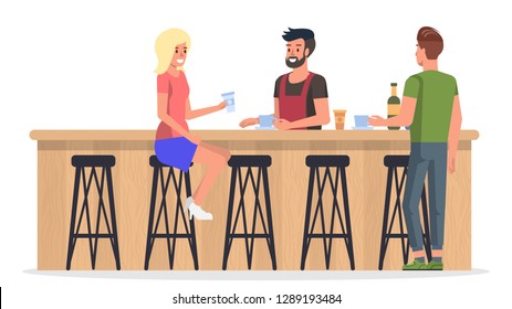 People at Bar. Bartender Serving Coffee and Vine to Customer. Cafe with Modern Wooden Interior Inside. Young Lady and Man Hanging and Talking with Barman. Flat Cartoon Illustration.