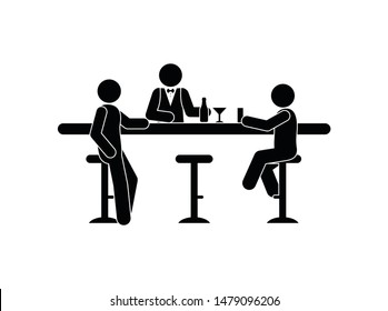 people at the bar, bartender at the bar, stick figure human silhouettes, simple flat illustration, drinks in glass and bottle, man icon