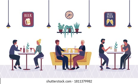 People in the bar cafe, cartoon couple, friends, man and woman relaxing and sitting at tables and sofa on date with drink beer and coffee. Cartoon flat characters at bar interior.