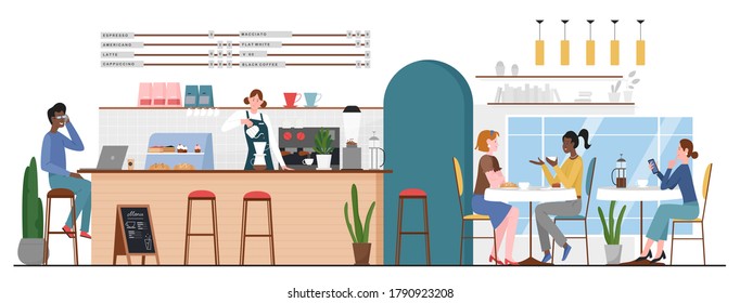 People In Bar Cafe Vector Illustration. Cartoon Flat Man Woman Friend Characters Meeting At Cafeteria For Coffee Cup Or Dessert And Talking, Barista Making Hot Drink At Bar Counter Interior Background