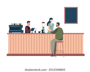 Personas en el mostrador del bar en una cafetería moderna. Ilustración vectorial aislada sobre fondo blanco