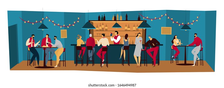 People bar, friends meet in pub night restaurant, men and women drink alcohol, vector illustration. Group of people relax in bar after work, friday evening in restaurant. Bartender in night pub