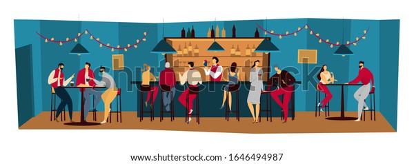 People bar, friends meet in pub night restaurant, men\
and women drink alcohol, vector illustration. Group of people relax\
in bar after work, friday evening in restaurant. Bartender in night\
pub