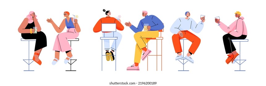 People in bar sitting on high chairs drinking alcohol or refreshing beverages. Young male and female characters with wineglasses communicate, dating, celebrate party, Line art flat vector