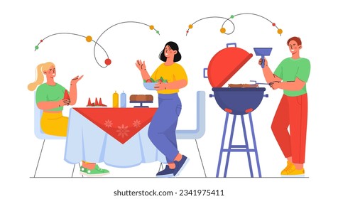 People at barbecue concept. Man and woman with grill and BBQ, fried meat. Young guy and girls at summer picnic with fruits and vegetables. Backyard party. Cartoon flat vector illustration