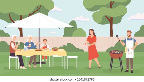 People at barbecue. Happy family, friends spending time in backyard home picnic, cooking grill and talking, leisure outdoors vector concept. Illustration barbecue friendship at backyard