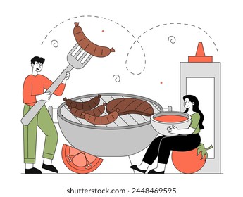 Personas con barbacoa lineal. Hombre y mujer cerca de la carne a la parrilla y verduras. Fiesta en el patio trasero y jardín. Pareja con shahlik y barbacoa. Doodle Ilustración vectorial plana aislada sobre fondo blanco