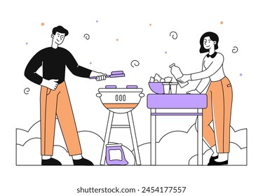 Personas con barbacoa lineal. Hombre y mujer cerca de la parrilla con carne. Fiesta en el patio trasero y jardín. Pareja joven al aire libre con barbacoa. Doodle Ilustración vectorial plana aislada sobre fondo blanco