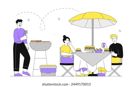 People at barbecue linear. Man and women with grill meat. Bakcyard and gardening. Friends spending time together with pork and beer. Doodle flat vector illustration isolated on white background