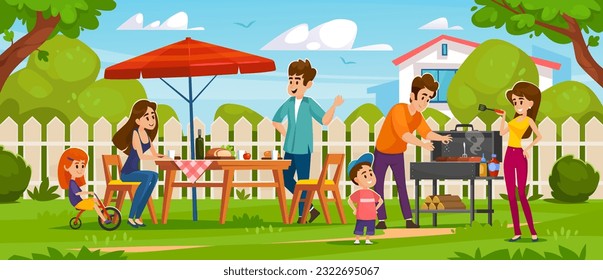 Gente en una barbacoa afuera en un patio trasero. Padre y madre cocinan carne a la parrilla. Antecedentes de una familia con niños y amigos en una fiesta barbacoa en un parque. Ilustración vectorial de dibujos animados