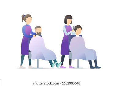 People in barber shop. Hairdressers making people fashion haircut to men clients. Fashion hairdressing salon. Vector flat illustration concept on white background.