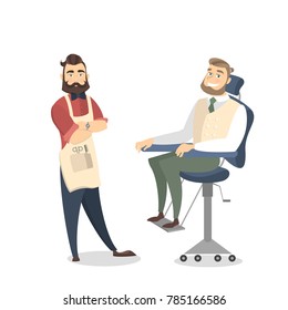 People at barber shop. Visitor in chair and hair stylist on white background.