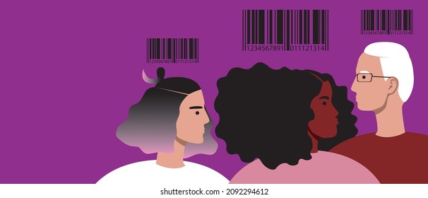 People with barcode, copy space template. Flat vector stock illustration. Human recognition concept. Code for a digital halogram. Isolated illustration for overlay