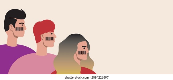 Personas con código de barras, copiar plantilla de espacio. Ilustración de material vectorial plano. Concepto de reconocimiento humano. Código para digitalización con espacio para texto. Ilustración aislada para superposición
