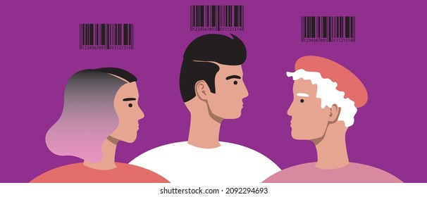 People with a barcode, person recognition. Flat vector stock illustration. Young, adult, old people. Code for digital scan. Chip for recognition. Scanning the code. Isolated illustration