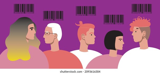 Personen mit Barcode, Personenerkennung. Flache Vektorgrafik. Eine Menschenmenge mit einem Barcode zur Identifizierung. Code für den digitalen Scan. Einzelbild