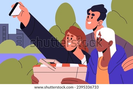 People with basket go to picnic in city park, outdoor. Happy friends hug, smile for photo. Young woman takes selfie with her family by smartphone. Multiethnic friendship. Flat vector illustration