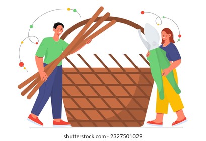 People with basket weaving concept. Man and woman with scissors near wooden container. Handmade and homemade item, handicraft. Natural materials willow. Cartoon flat vector illustration