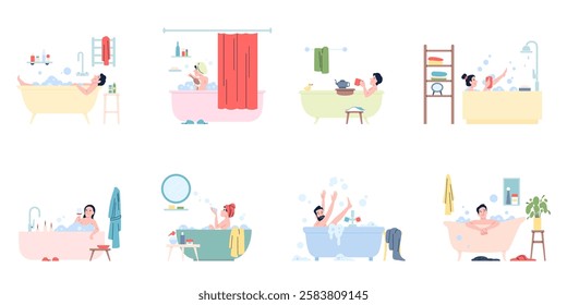 People in bath. Bathing time, woman man taking baths. Personal hygiene and relax time in bathroom with soap bubbles, glass of wine, tea, recent vector scenes