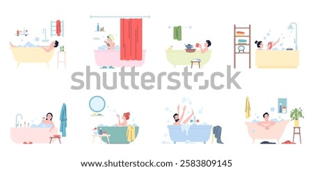 People in bath. Bathing time, woman man taking baths. Personal hygiene and relax time in bathroom with soap bubbles, glass of wine, tea, recent vector scenes