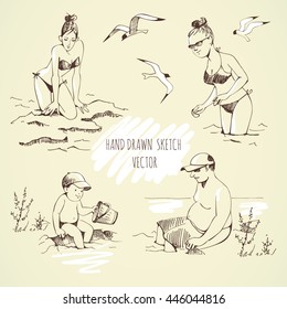People bathe in the sea, relaxing on the beach. Hand drawn vector set sketch.