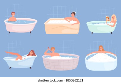 People bathing. Happy persons male and female washing body and relaxing in bathtub vector characters