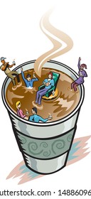 People bathing in large coffee cup
