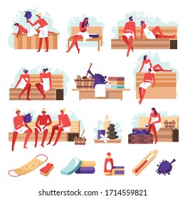 People bathing in sauna or banya full of steam isolated icons vector. Men and women taking bath, washing their bodies. Activity for wellness and recreation, hygiene tools, sponge and towels, lotion