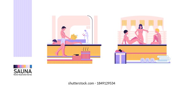 People bathing in sauna, men and women, set of two illustrations, flat style, isolated on white, space for text. Russian steam bath, finnish sauna, japanese hot spring bath.