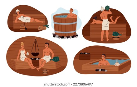 People bathing in sauna. Public steam bath therapy. Happy men and women steaming and washing. Spa or beauty procedure. Relaxation and body detox. Garish vector bathhouse