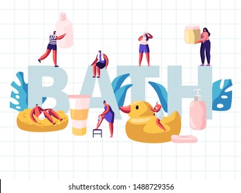 People in Bathroom Concept. Tiny Characters Washing and Taking Bath among Huge Cosmetics Bottles Soap Shampoo. Spa Hygiene Procedures Poster Banner Flyer Brochure. Cartoon Flat Vector Illustration