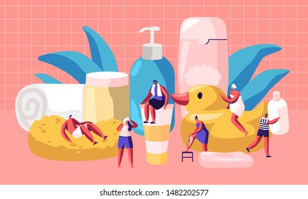 People in Bathroom Concept. Tiny Male and Female Characters Washing and Taking Bath among Huge Cosmetics Bottles Soap Shampoo and other Tools. Spa Hygiene Procedures Cartoon Flat Vector Illustration