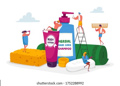 People in Bathroom Concept. Tiny Male and Female Characters Washing and Taking Bath among Huge Cosmetics Bottles Soap Shampoo Sponge and other Tools. Spa Hygiene Procedure. Cartoon Vector Illustration