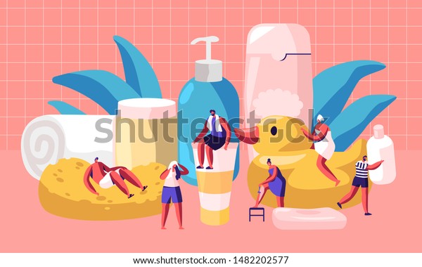 浴室のコンセプトの人 小さな男女のキャラクターが 巨大な化粧品ボトルのシャンプーやその他の道具の中で洗ったり風呂に入ったりしています Spaの衛生手順の漫画のフラットベクターイラスト のベクター画像素材 ロイヤリティフリー