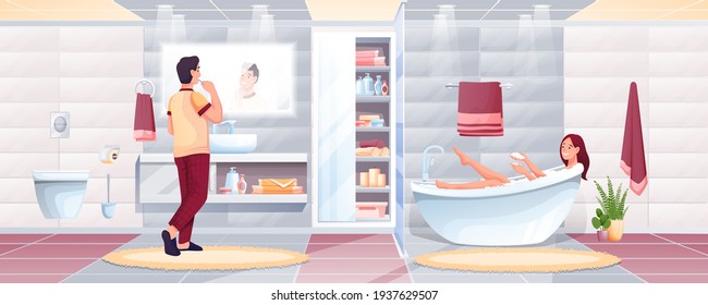 People in bathroom at home. Man brushing teeth and looking in mirror, woman talking bath vector illustration. Room interior design with toilet, sink, bathtub, closet with shelves.